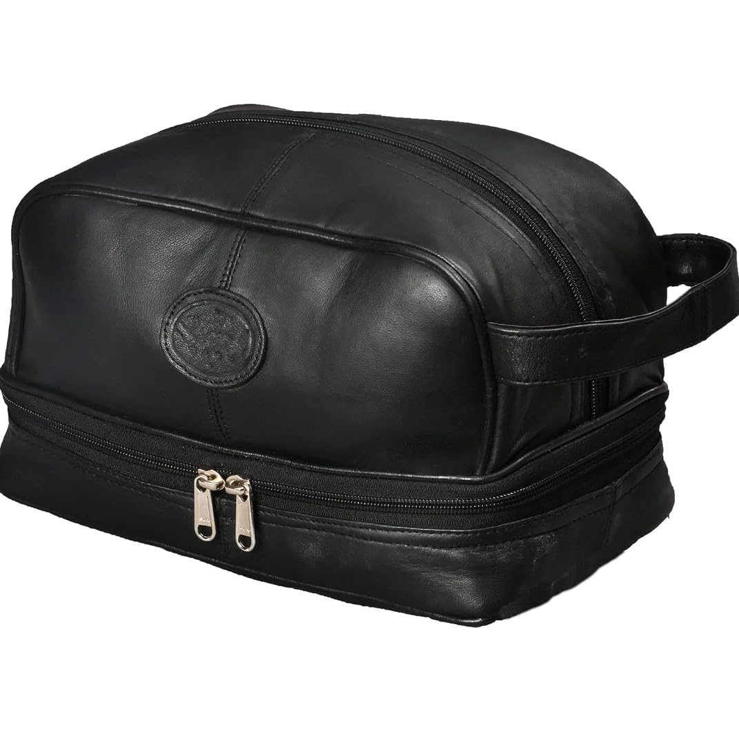 GenericPremium Leather Hanging Toiletry Bag for Men — Water-Resistant Travel Dopp Kit, Large Space Shaving Bag for Toiletries Organizer — Modern Cosmetic Case for Travelling Shower Accessories (Black)