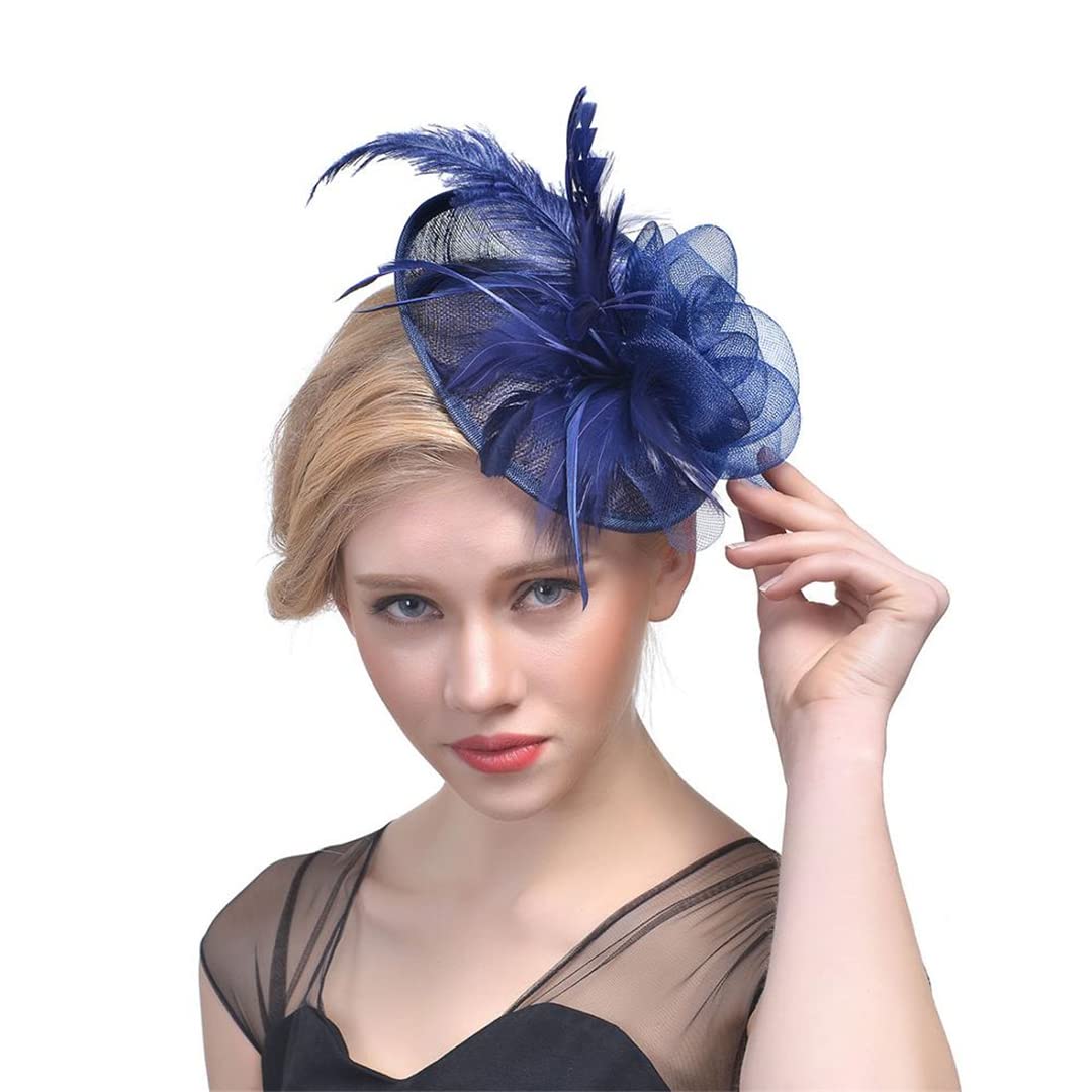 FBHappiness Fascinator Feathers Headpiece Cocktail Tea Party Headwear Flower Mesh Headwear Hair Clip For Wedding,Feather Flower Hair Clip(Navy Blue)