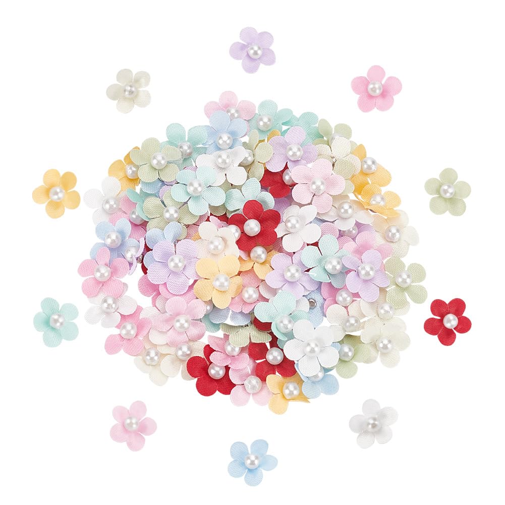FINGERINSPIRE 100Pcs Tiny Pearls Satin Fabric Flowers 10 Colors Mini Faux Pearls Fabric Flowers 12.5x12mm Polyester Small Pearls Cloth Flowers Crafting Flower with Iron Finding for DIY Handcraft Decor