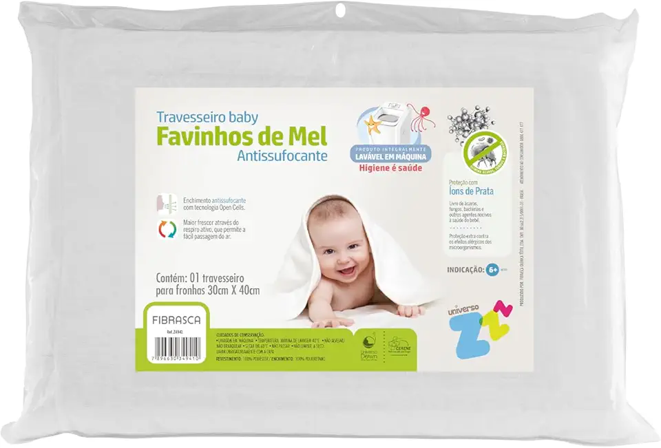 Travesseiro Favinhos Baby Antissufocante Lavável Revestimento Fibrasca Branco 30x40 cm
