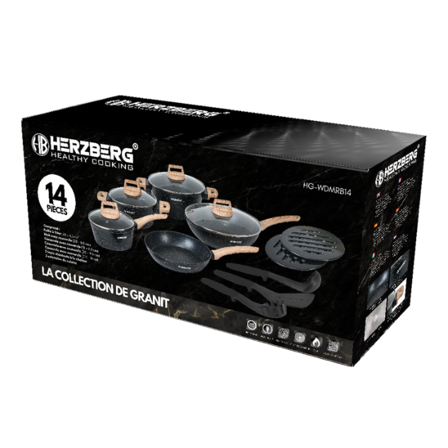 Herzberg - Batería de Cocina 14 Piezas, Revestimiento Granito, Aluminio Forjado, Mangos de Madera, Compatible Inducción, Tapas de Vidrio, Utensilios Incluidos, Negro