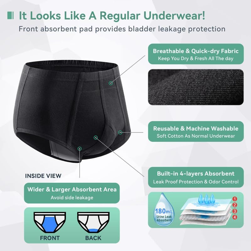 Incontinence Underwear for Men 2 Pack Washable Mens Incontinence Briefs with Front Absorbent Area Leak Proof Underwear for Men Reusable Urinary Incontinence Underwear (Black, L) - Image 2