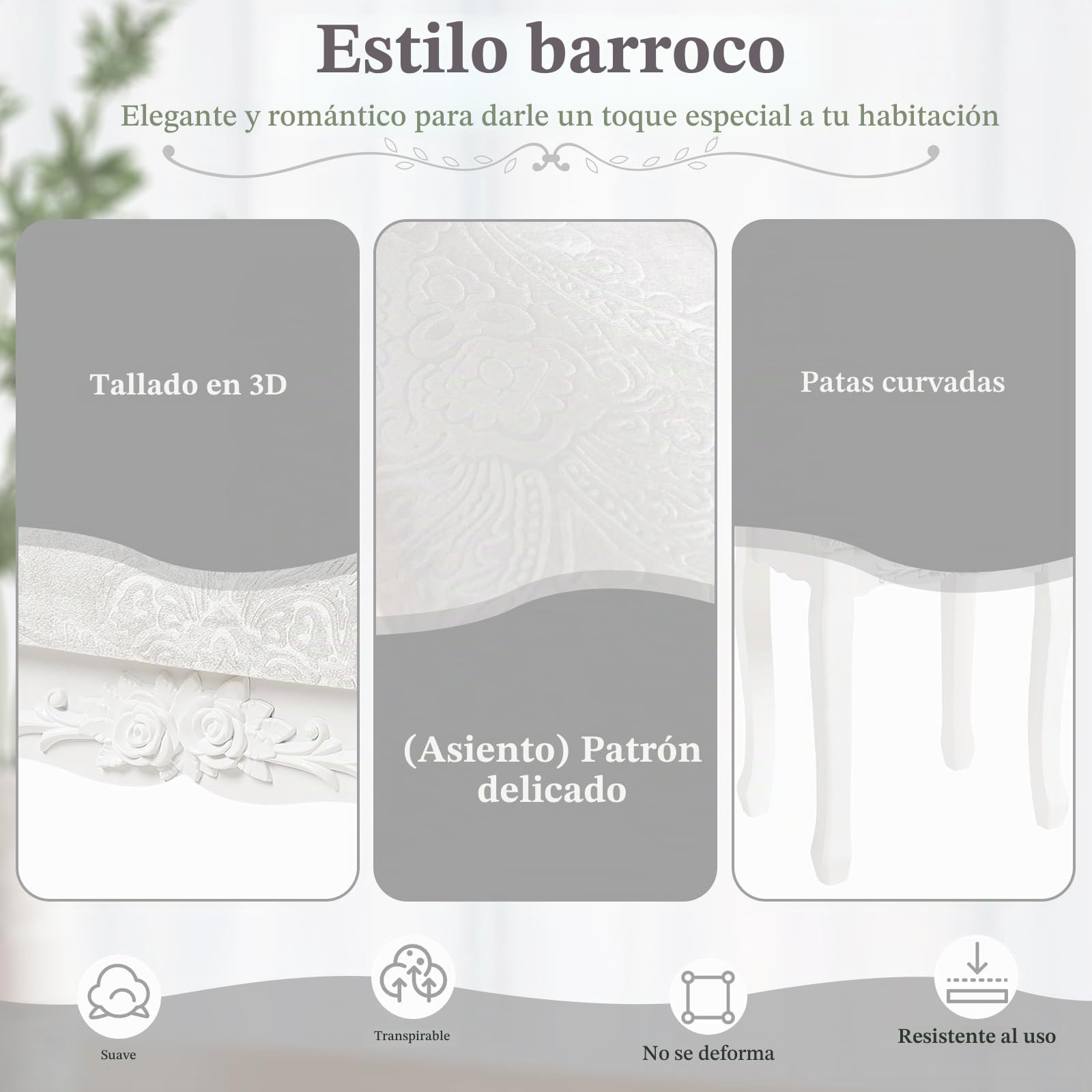 WOLTU Taburete de Maquillaje Rústico Tapizado Madera MDF Lacado Blanco Crema