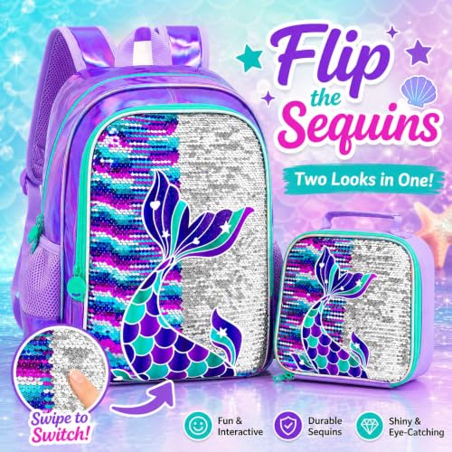 Image of 16 inch Mermaid Backpack for Girls, 3Pcs Sequin Fish Tail School Backpacks Set for Elementary Preschool Kindergarten, Kids Bookbag with Lunch Box (Purple)