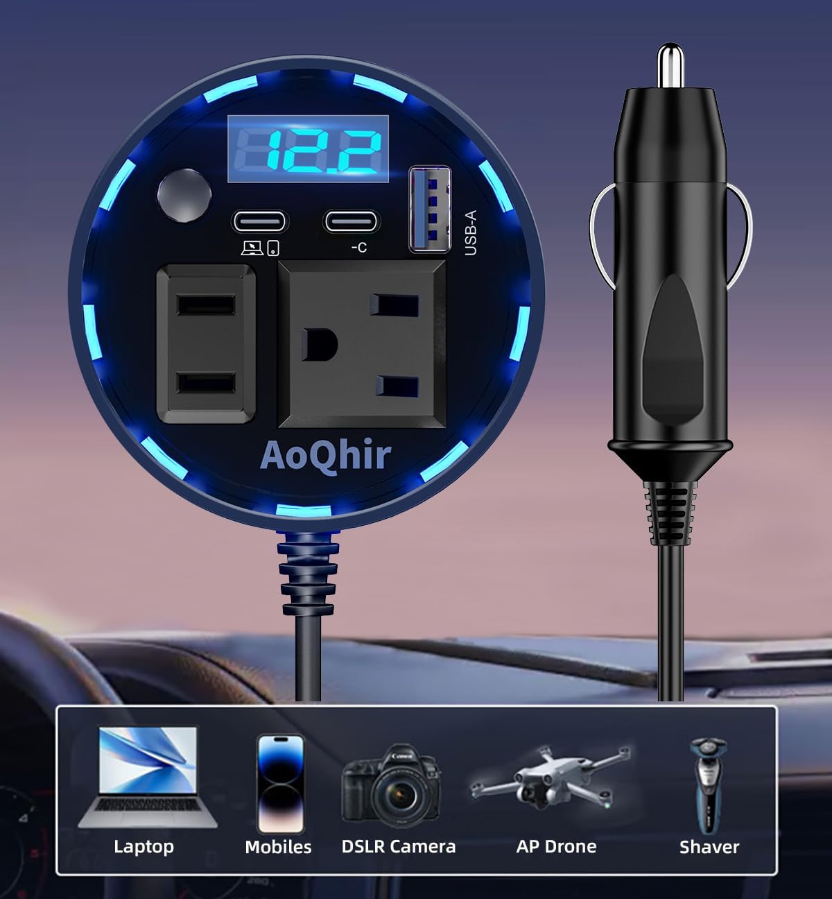 12V Car Power Inverter 200W DC to AC 110V Converter with PD 45W USB-C & QC3.0 Fast Charging, Dual AC Outlets, Smart Cooling Fan, Multi-Protection for Phone, Tablet, Laptop, Car Fridge