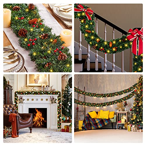 Christmas Garland With Light Battery Operated - [12 Feet By 10 Inch] 100 Lights Prelit Garland Lighted Wreaths Greenery With Pine Cone/Red Berry, Indoor Outdoor Xmas Decoration Home Fireplace #TOP5