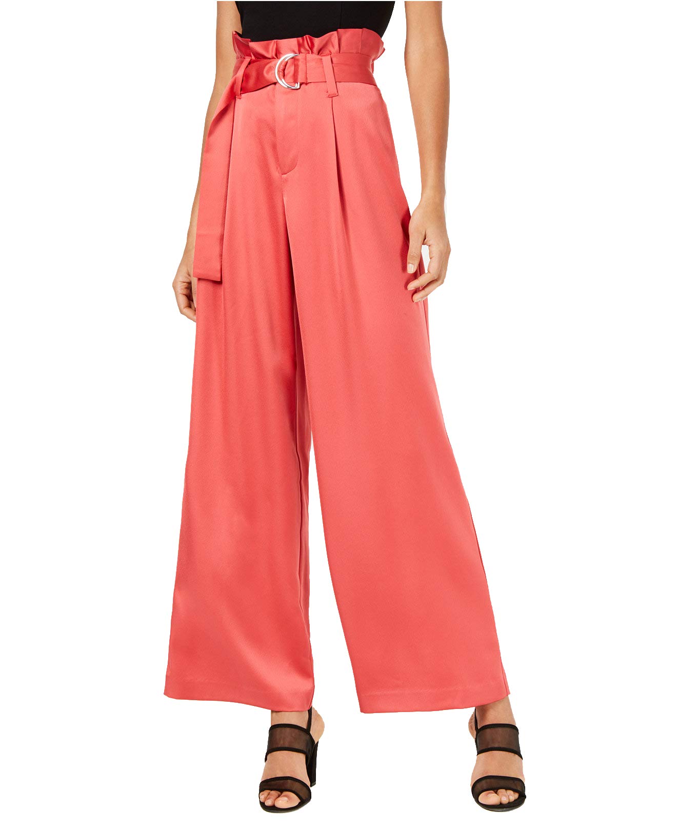 Bar III Womens Satin Belted Paperbag-Waist Wide-Leg Pants