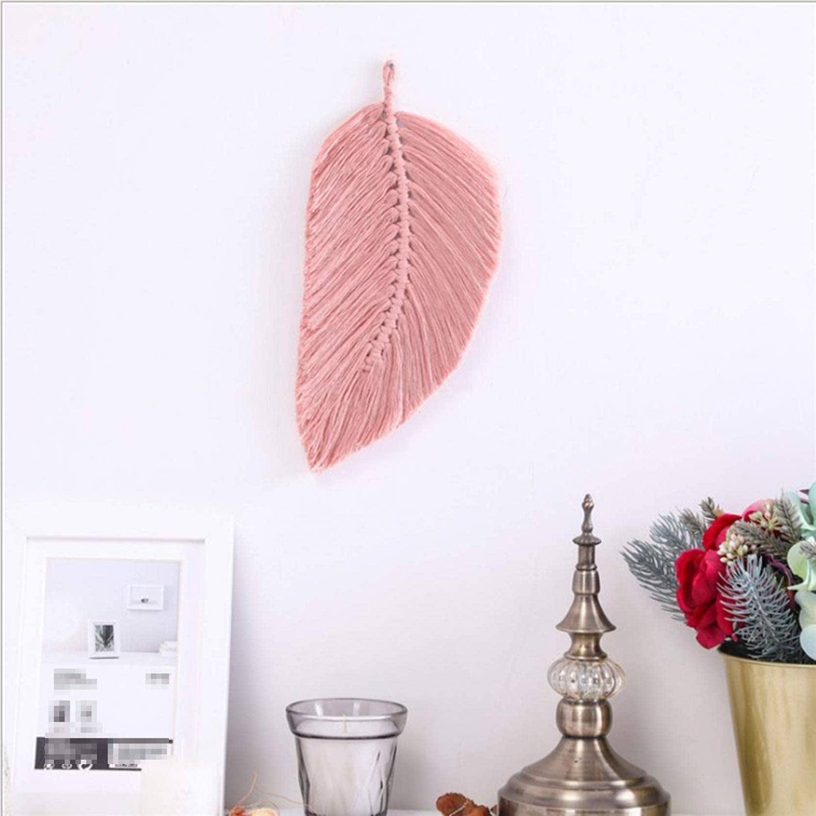 WANGLXST 2 Pcs Handmade Cotton Rope Woven Macrame Leaf Feather Crafts,Elegant Wall Art Tapestry Decor for Nursery Room Bedroom, Light Pink