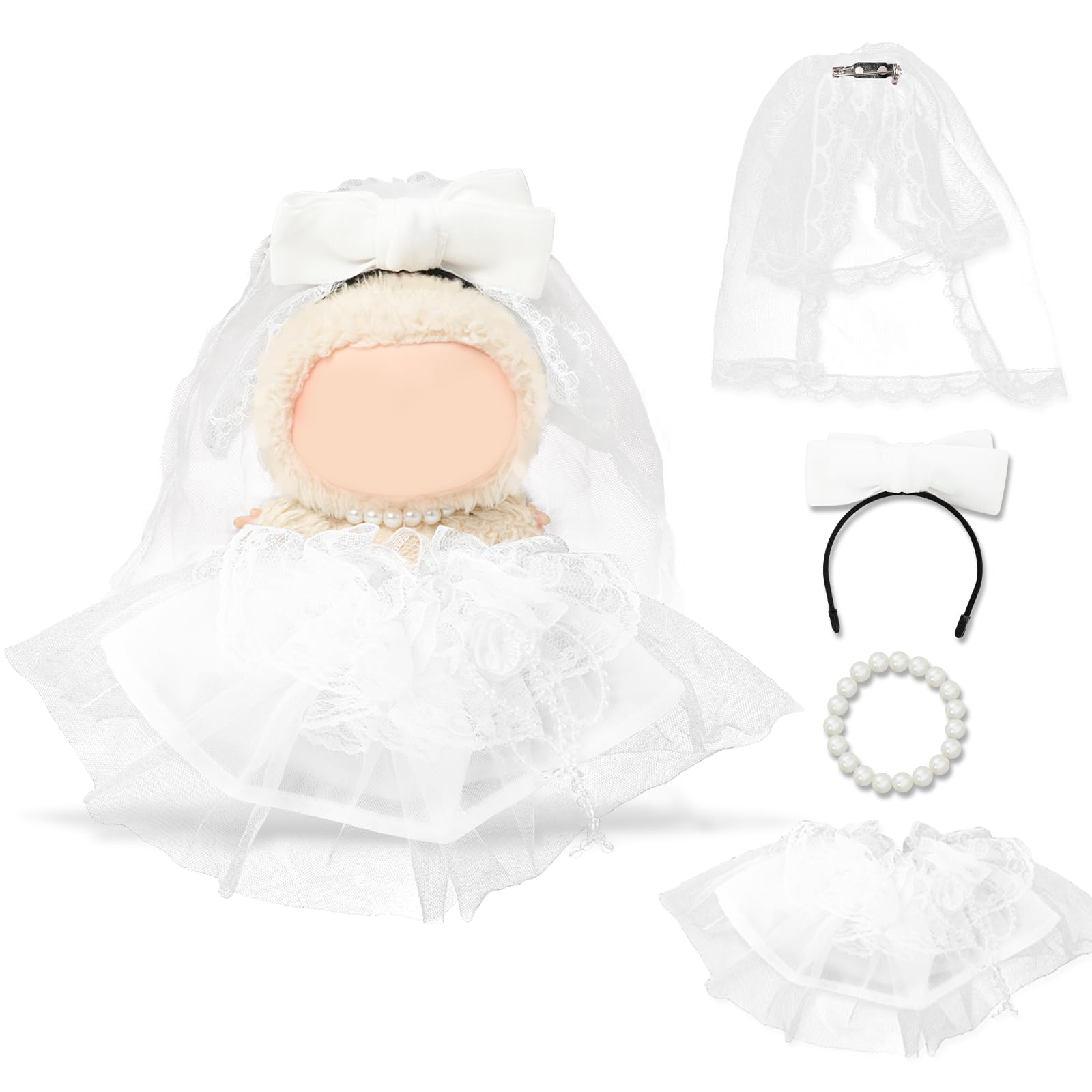 Clothes Compatible with LABUBU Doll - 4PCS Wedding Dress Set, 17cm Doll Clothes Designer Outfit for Bridal Theme, Cute Stylish Accessories for Labubu, No Doll (Ivory Bridal Charm)