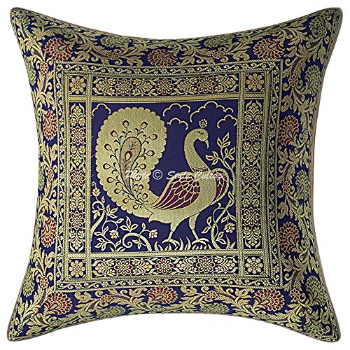 Image of Decorative Brocade Cushion Covers 16x16 Inch Banarasi Jacquard Weave Navy Blue & Gold Home Decor Peacock Traditional Square 40x40 cm Zippered Sofa Settee Pillowcases -Set of 5 Pcs