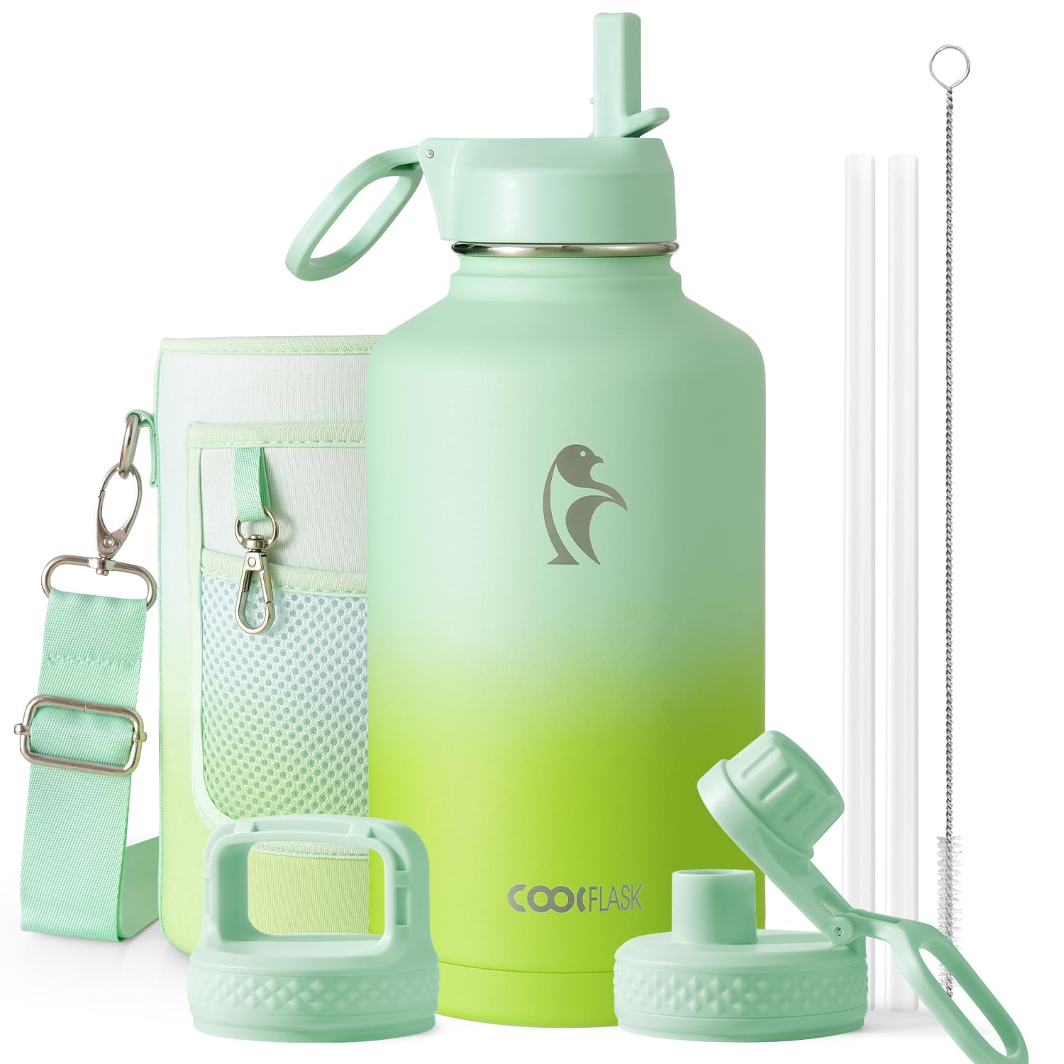 Half Gallon Water Bottle Insulated with Straw & 3 Lids, Coolflask 64 oz Water Jug Large Metal Stainless Steel Wide Mouth for Sports, Gym or Office, Non-BPA Keep Cold 48H Hot 24H, Ombre Green โ image 1