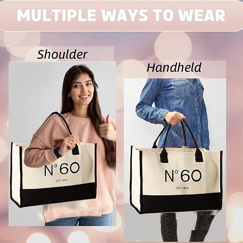 Miniatura 6 de QLSKO Bolsa de lona de regalo de cumpleaños número 60 para mujeres, N60 EST.1964, bolsa de playa de recuerdo para fiesta de 60 años, regalo de