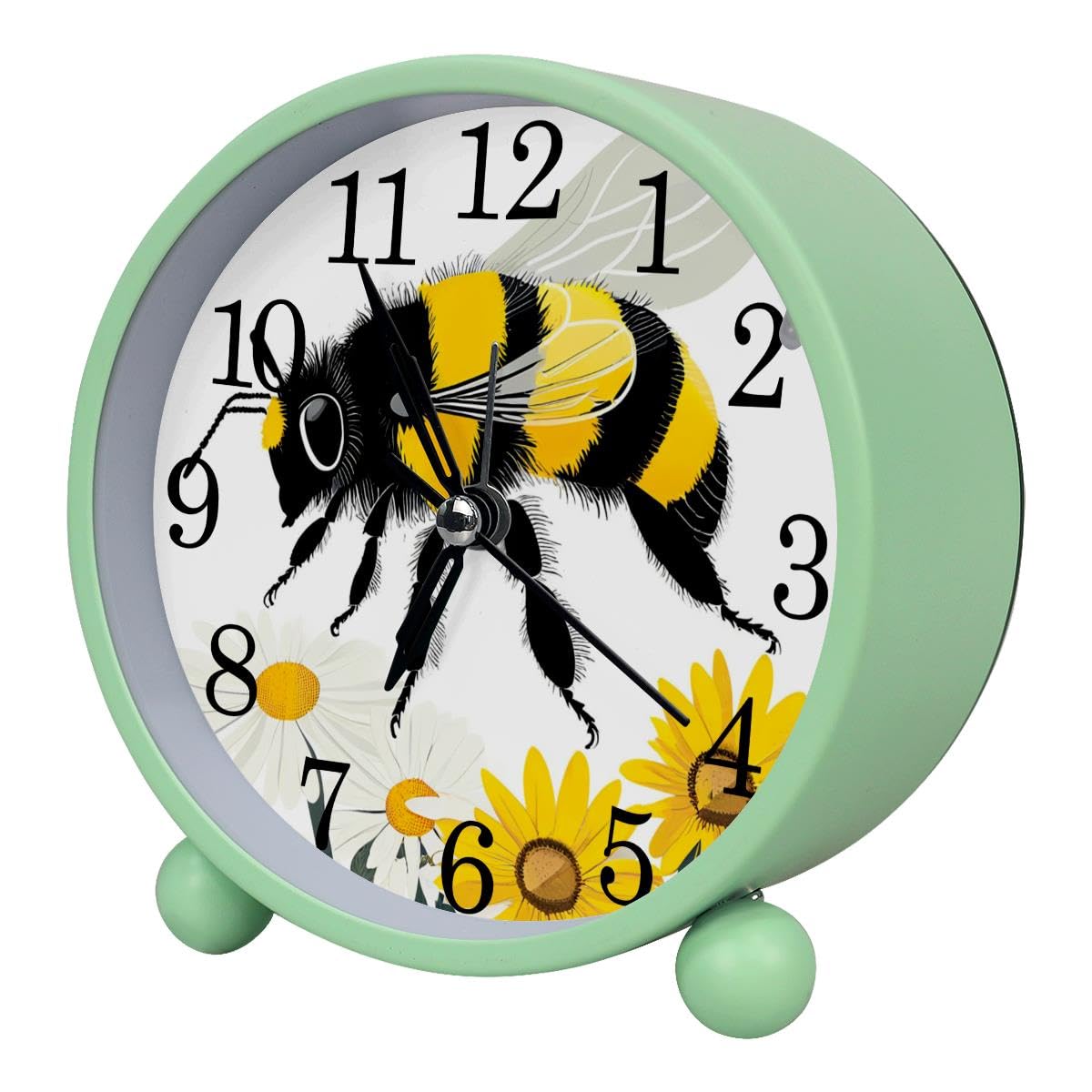 Luoweisi Alarm Clock Bee Flower, Silent Non-Ticking with Night Light, Round Metal Alarm Clock for Office, Battery Operated, Bedroom, Elderly, Adults, Children, Student Gifts