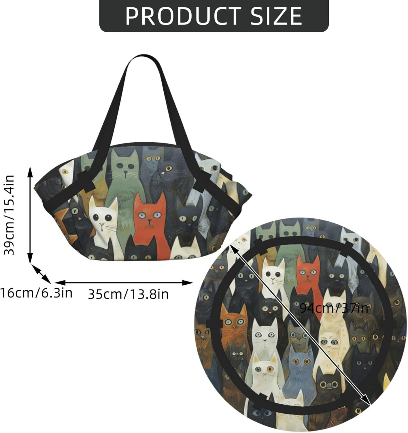 Foldable Cat Print 2-in-1 Portable Picnic Blanket Tote Bag Outdoor Camping Beach Park Mat