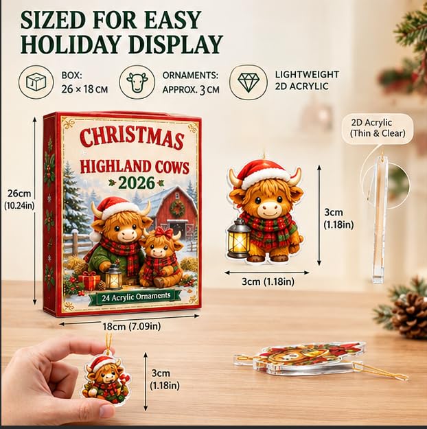 Highland Cow Christmas Advent Calendar 2026 24 Acrylic Ornaments, Red - image 5