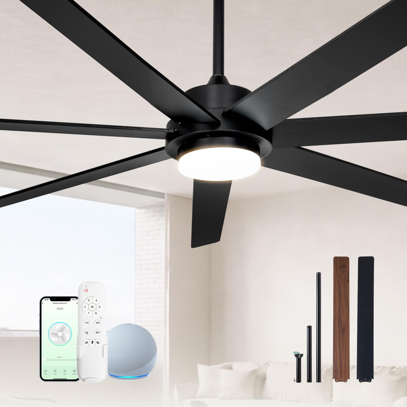 72 In Large Smart Ceiling Fan with Light and Alexa APP Remote Control,6 Speed,3CCT,Quiet Reversible DC Motor Black Indoor Outdoor Ceiing Fan for Patio or Living Room