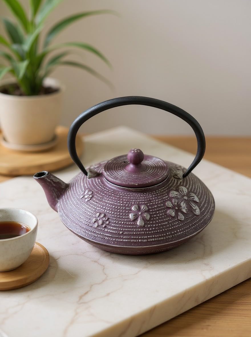 SO SKIN IDASY – Théière en fonte japonaise 900 ml, prune profonde patinée aux reflets argentés, motif pétales relief, filtre inox amovible, intérieur émaillé, design élégant, idée cadeau maison