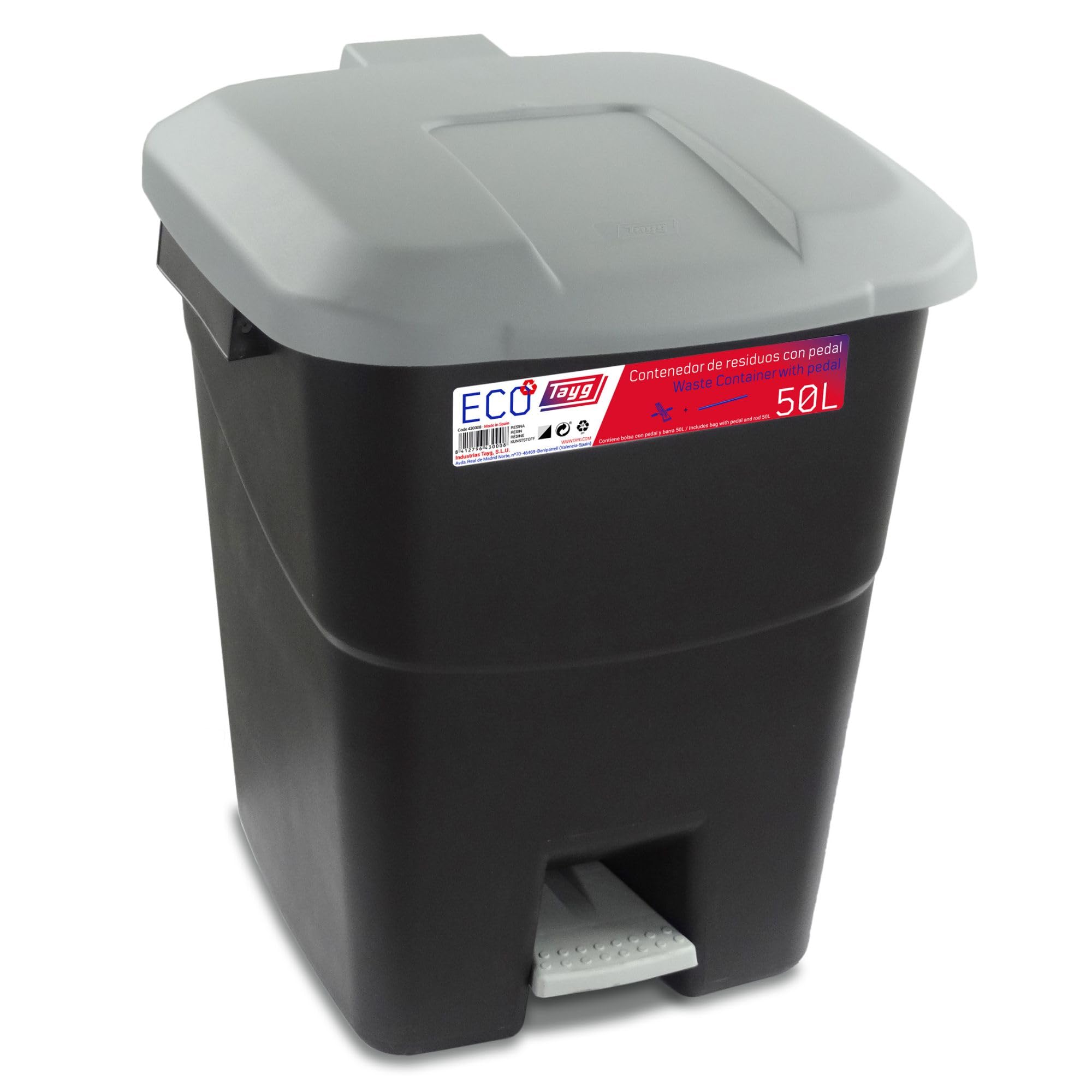 Contenedor de residuos con pedal Tayg de apertura manos libres y base negra para cocina