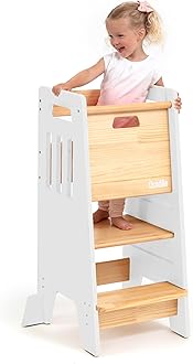 OCODILE Toddler Tower with a Sliding Door and 3 Adjustable Heights - Complete Toddler Kitchen Stool Helper with Support Feet - Safe Design for 18+ Months to 6-Year-Old Kids - White