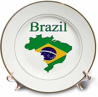 3D Rose cp_240727_1 Image of Brazil Flag in Outline of Country with Country's Name Porcelain Plate, 8"