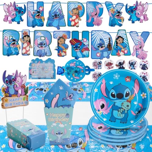 Image of Stitch kids Birthday Party Supplies decoration Set – 125PCS, for16 Guests,1Tablecloth,16 Plates,16Napkins, Banner, Stickers, Cake Topper,16 Invitations card with envolopes,16 Blowouts &16Popcorn Boxes