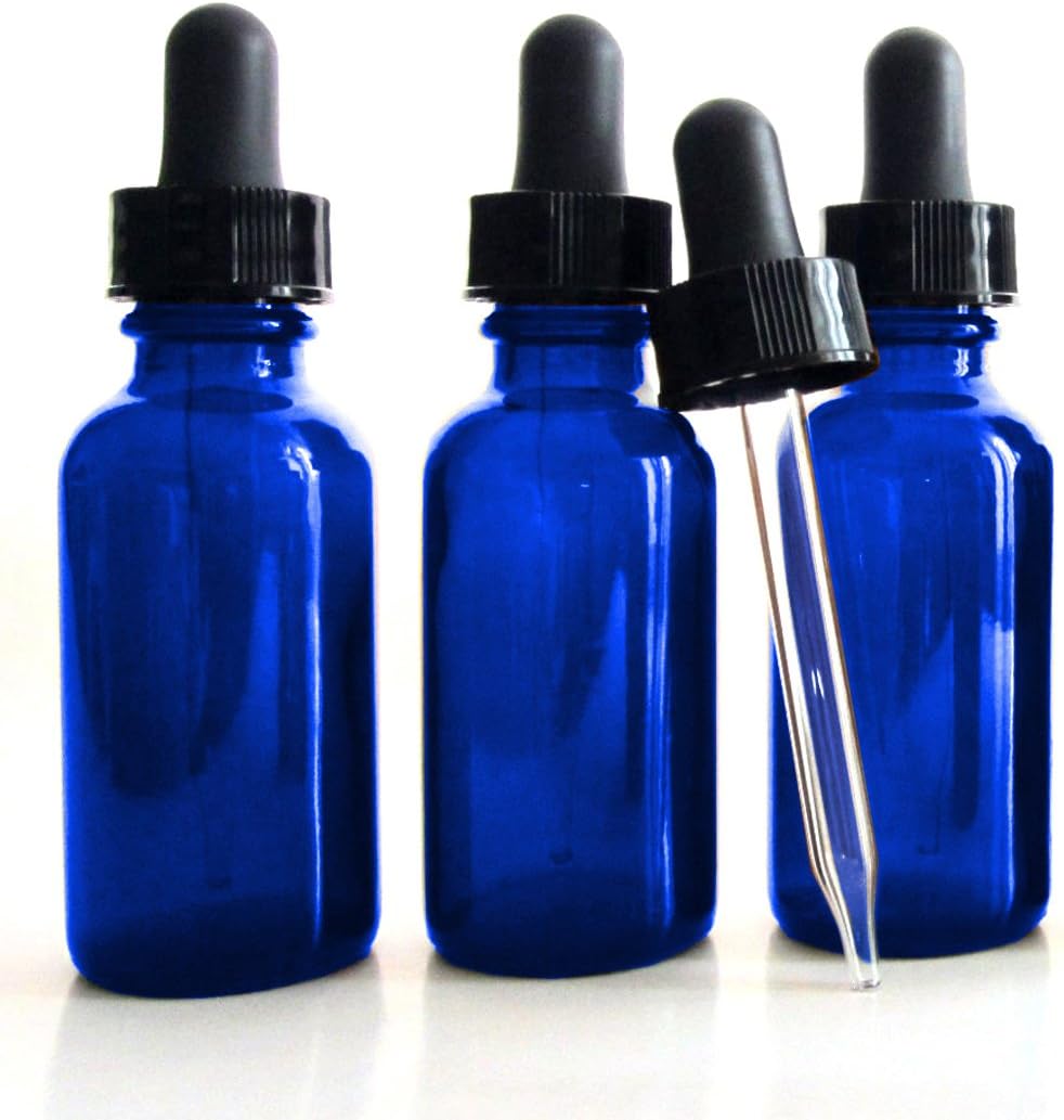1 Oz (30ml) Boston Round Glass Cobalt Blue Bottles with Glass Dropper Tip & Rubber Bulb - Pack of 12
