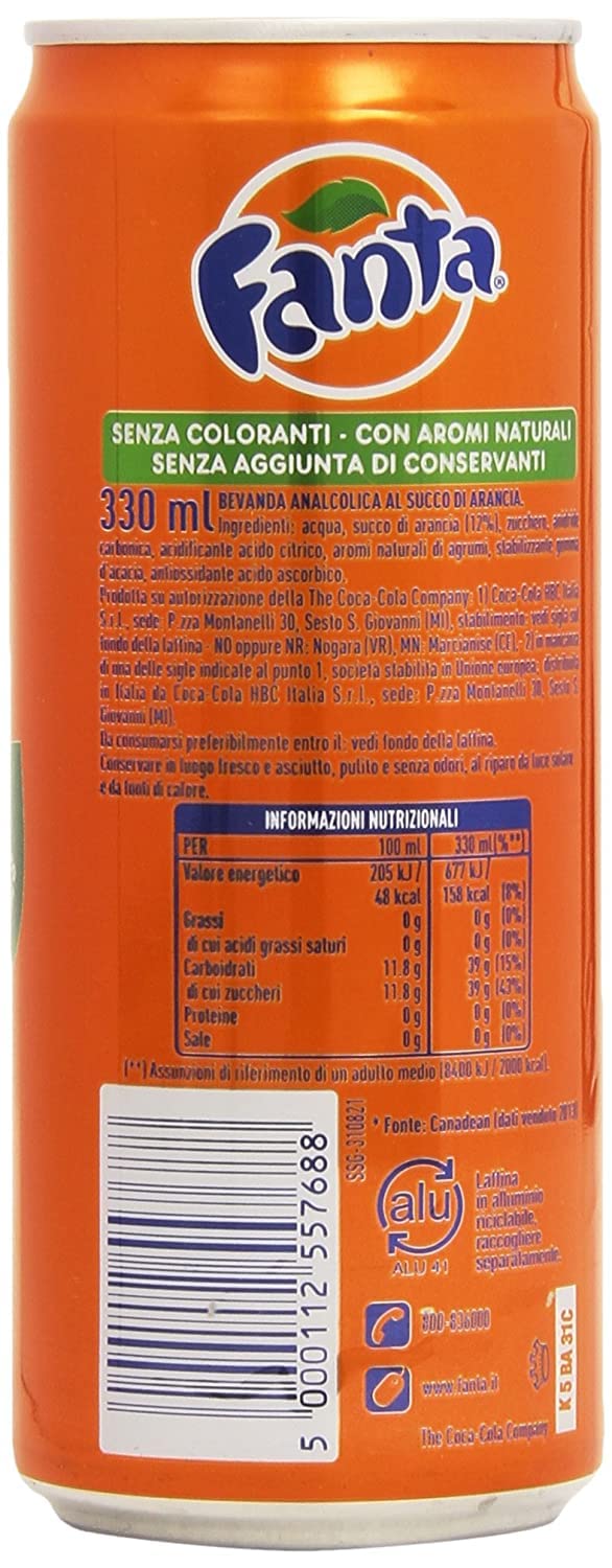 48 botes de limonada naranja de Fanta 330 ml 100% naranjas italianas