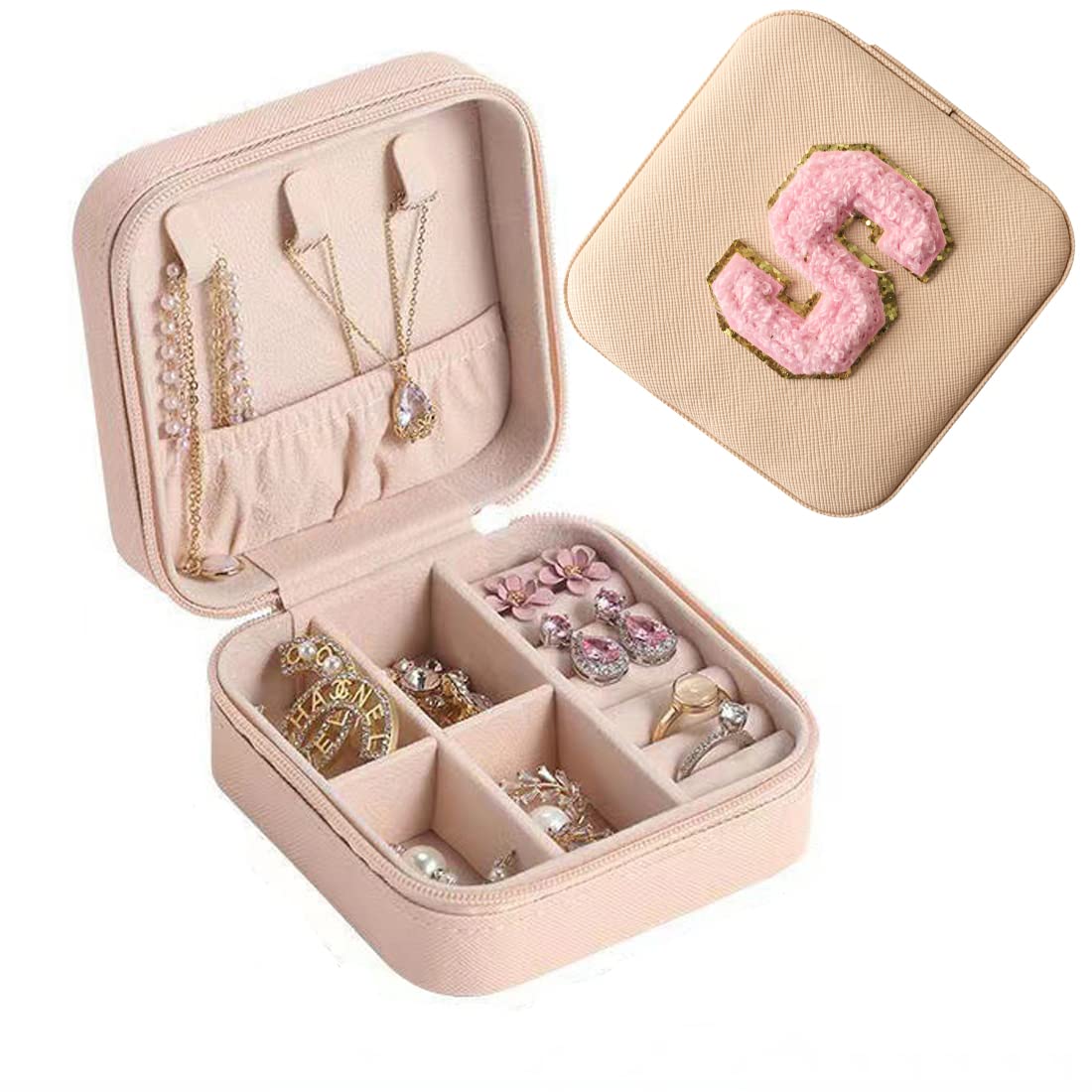 Travel Jewelry Organizer Box PU Leather Jewelry Travel Case Square Small Jewelry Boxes for Women Pink Initial S
