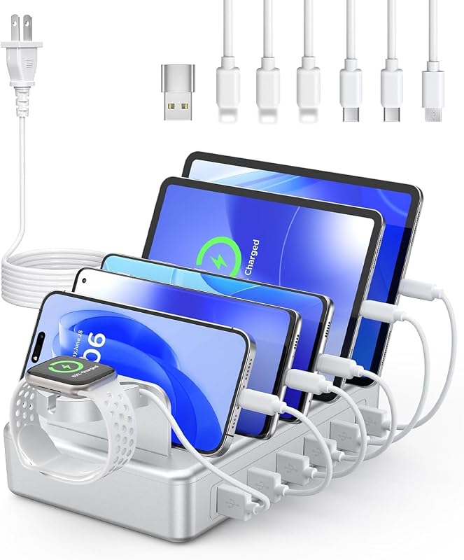 Estación de carga para múltiples dispositivos, estación de carga de 50 W, 6 puertos y 6 cables | para dispositivo Apple con soporte para reloj, base de carga para teléfono celular, Kindle, tableta y otros dispositivos electrónicos (plateado)