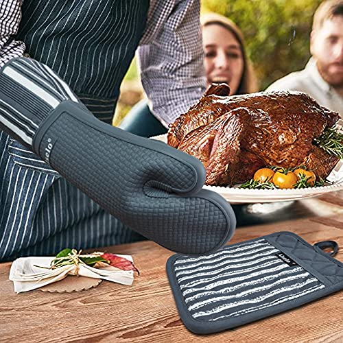 Alselo Silicone Oven Mitts Heat Resistant 550 Degree Extra Long Kitchen Gloves Pot Holders With Waterproof And Non-Silp For Baking Cooking Barbecue Microwave Machine Washable (Extra Long Grey, 2) #TOP2