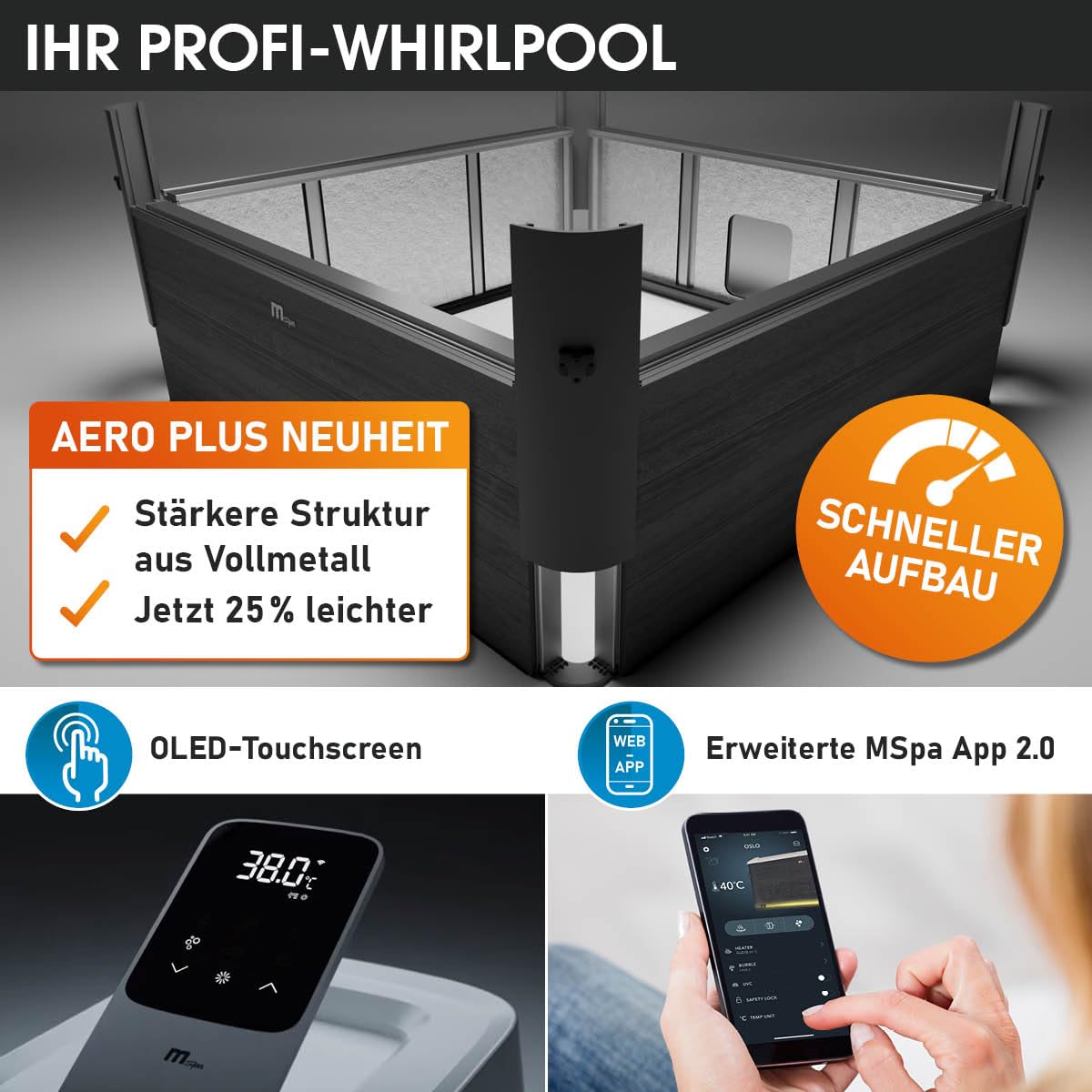 BRAST Whirlpool MSpa Frame - Oslo Sapphire & Amber mit Fester Außenwand | 160x160x65cm - 180x180x65cm | 5 Modelle | LED-Beleuchtung | 6 Personen | Ganzjähriger Einsatz Winterfest | Oslo Aero Plus