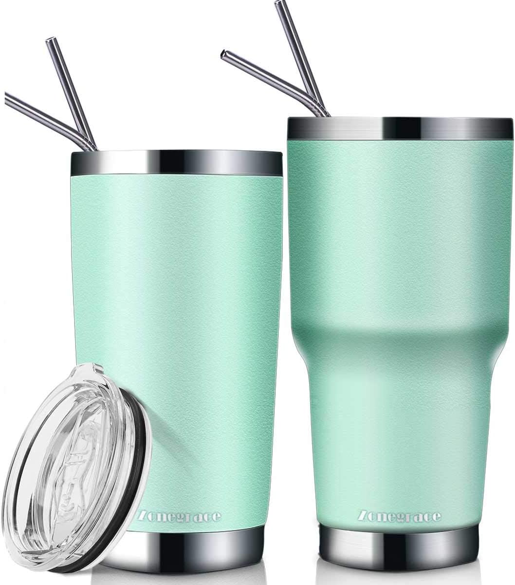 ZONEGRACE 2 Pack Seafoam 20 oz and 30 oz Classic Tumbler with Straw Lid Travel Mug Gift Vacuum Insulated Coffee Beer Pint Cup 18/8 Stainless Steel Water Bottle