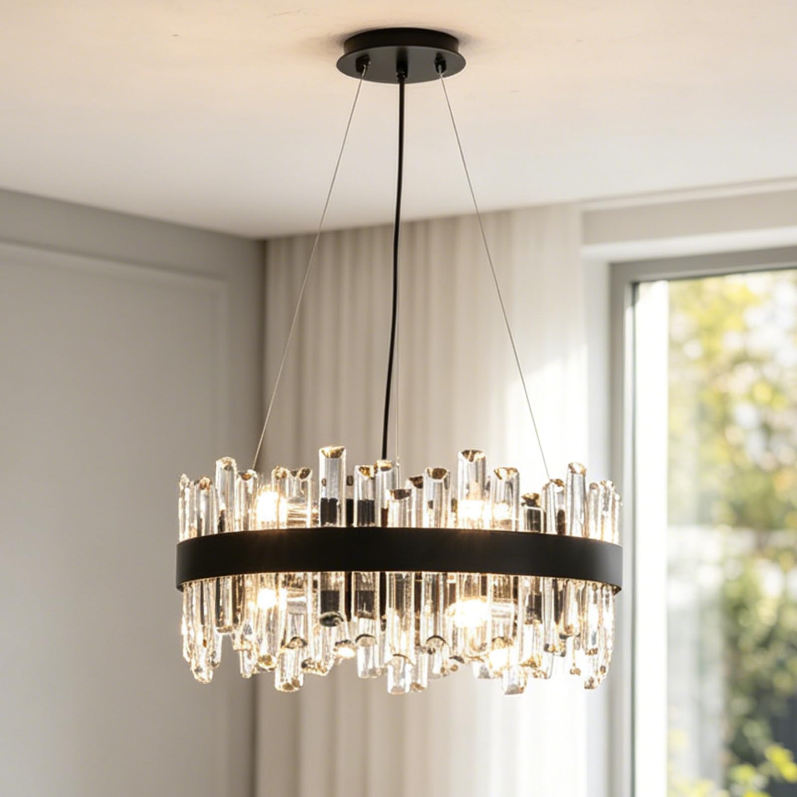 Photo 1 of Siljoy Black Crystal Chandelier for Dining Room, Modern 2-Tiers K9 Crystal Raindrop Chandelier 12 Lights Farmhouse Pendant Ceiling Light for Living Room Kitchen Island Entry Foyer D19.7''
