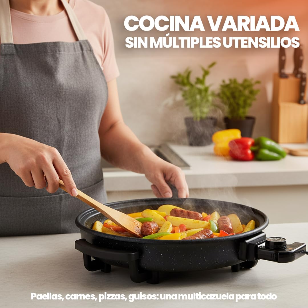 Sogo Sartén Paellera Eléctrica Ø42CM Con Tapa Cristal Reforzado - Multicazuela Antiadherente Para Paellas Y Carnes - Plancha Eléctrica Con Termostato 240ºC - Wok Multifunción Que Ahorra Energía