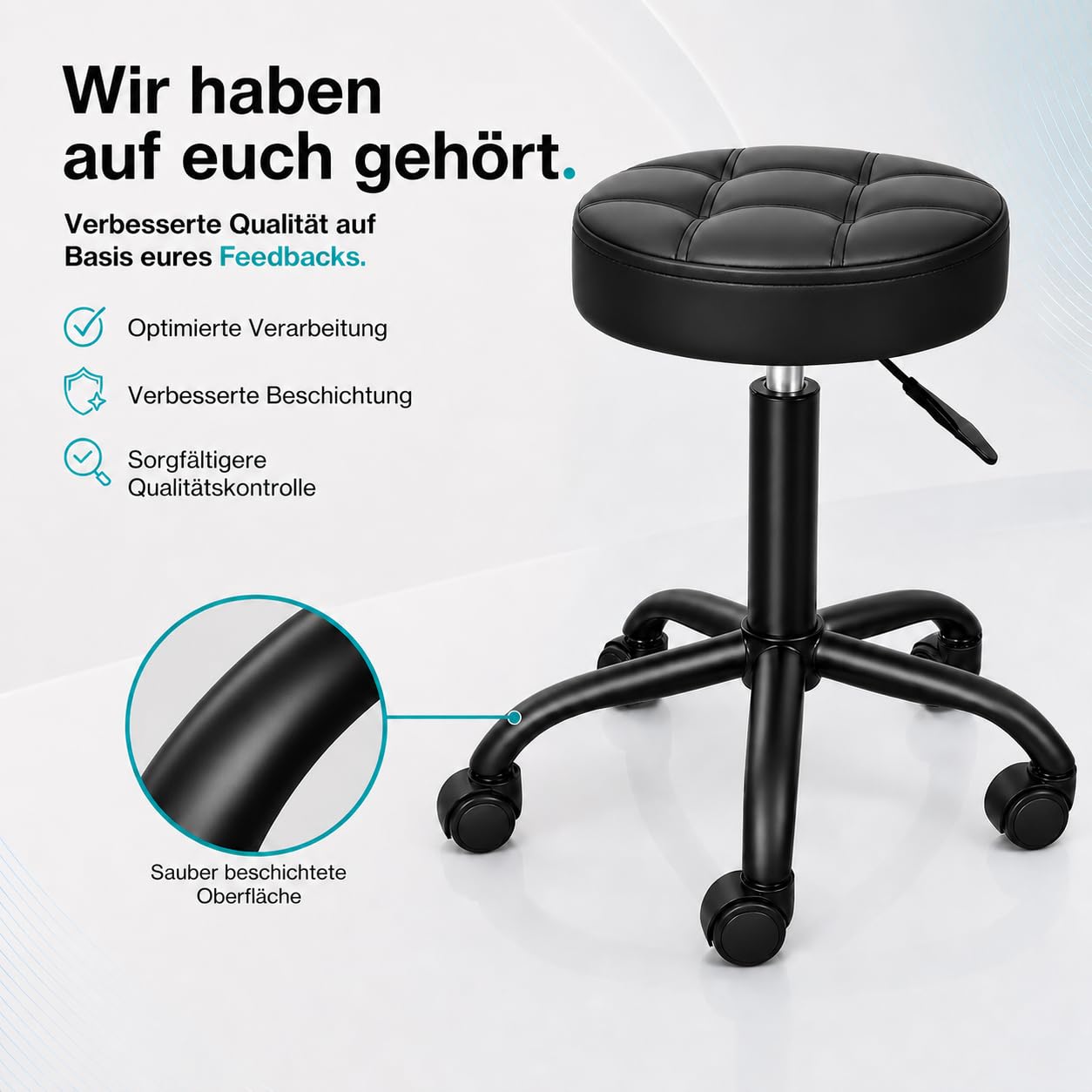 Rollhocker mit Metall-Basis und leisen Softrollen [TESTSIEGER] | höhenverstellbar, 360° drehbar, kratzfrei und stabil – ergonomischer Hocker mit Rollen | Arbeitshocker | Bürohocker [Schwarz]