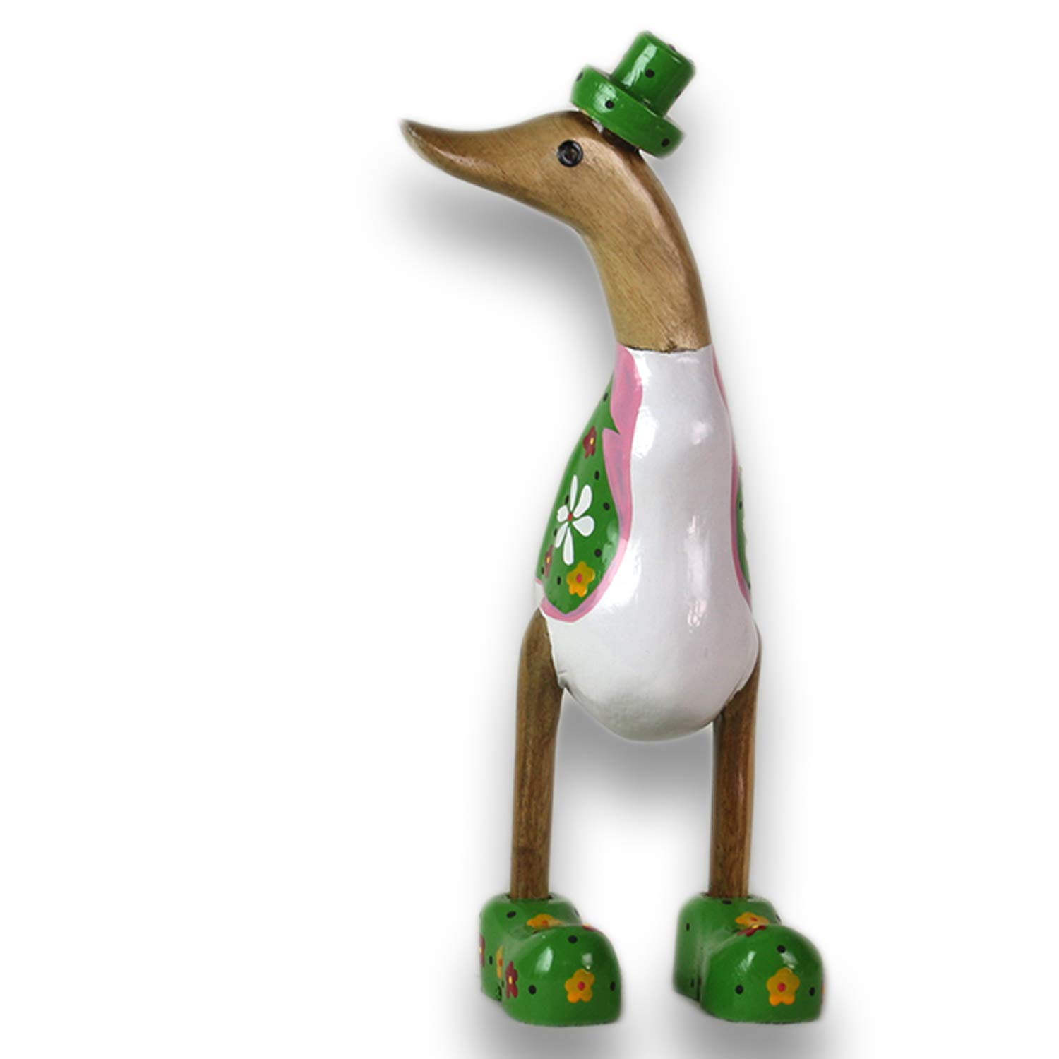 Anatra Decorativa In Legno Di Bamb&ugrave; E Teak, Dipinta A Mano, 25 Cm - Per Giardino, Interni O Regalo