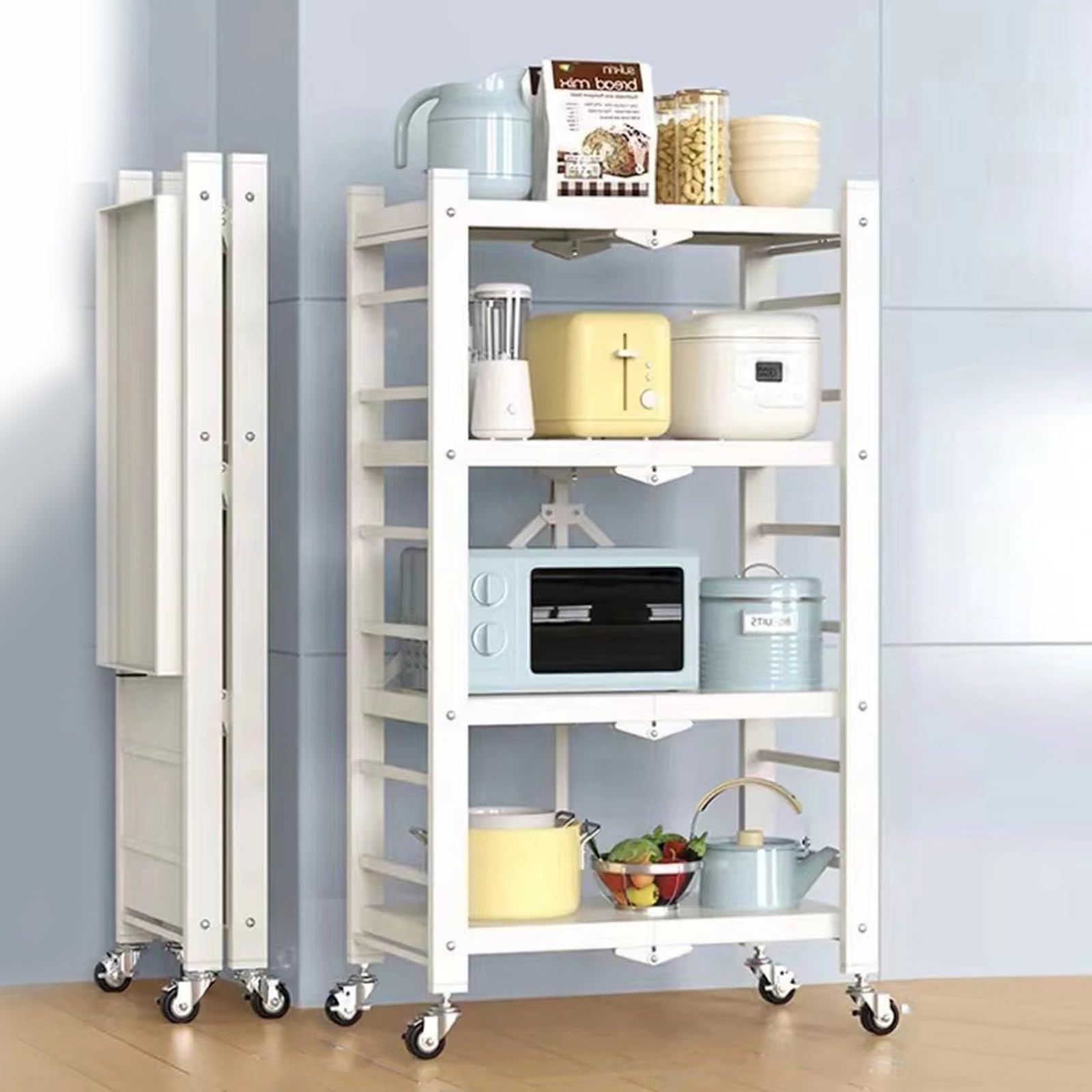 Scaffale da cucina autoportante con ripiani in metallo, per garage, dispensa, casa, cucina, scaffale autoportante per spezie e pentole (bianco, 4 ripiani, 70 cm)