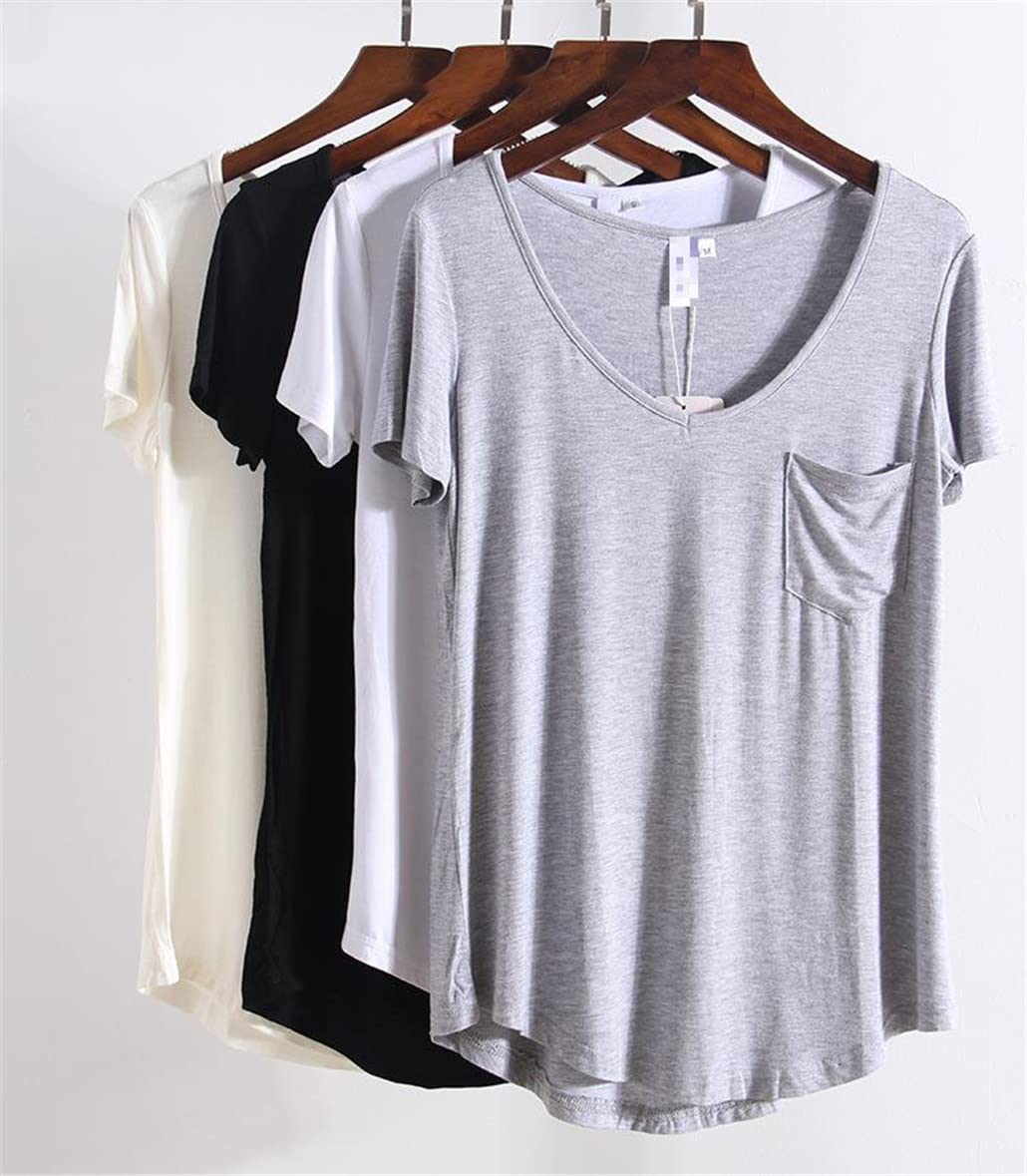 keusyoi T-shirt décontracté en modal uni avec col en V et manches courtes pour femme