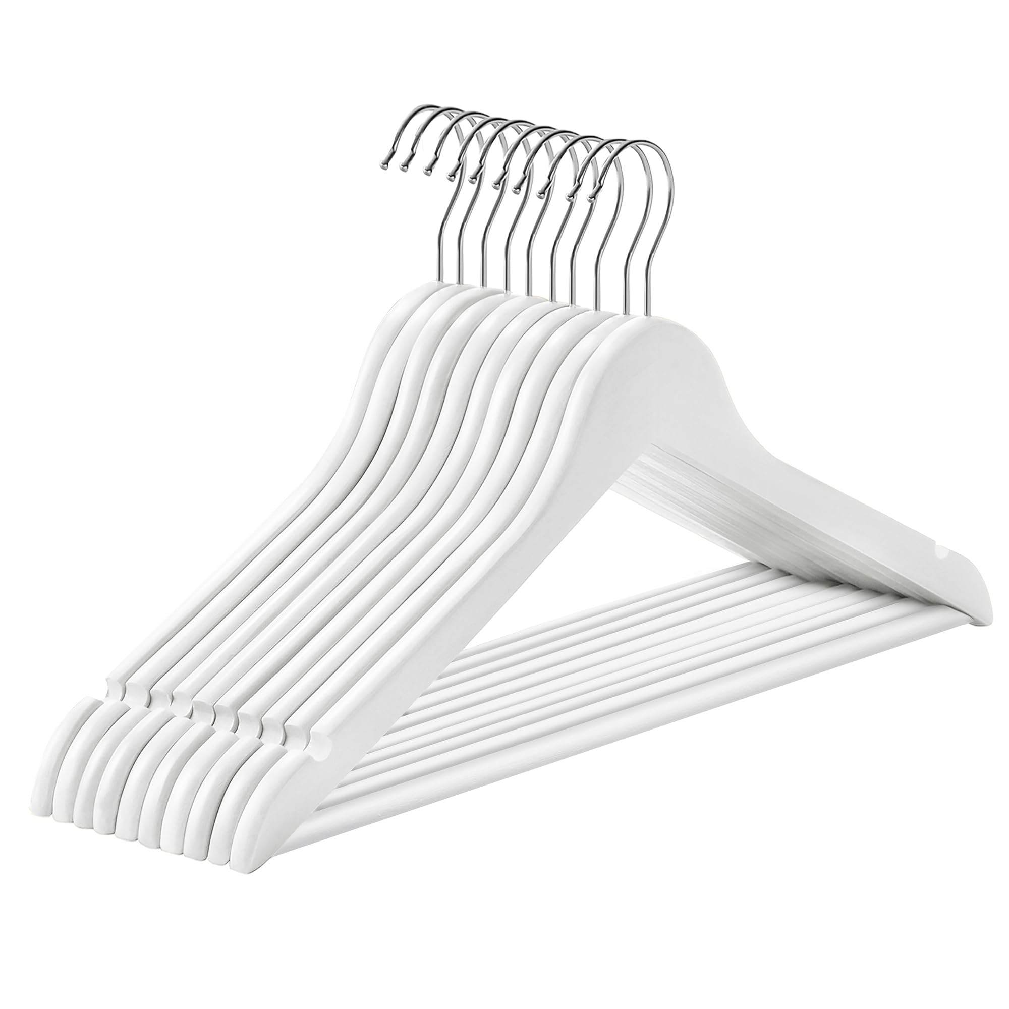 Songmics White + Silver Wooden Hangers, Set Of 10, Solid Wood Hangers, Notches In The Shoulder Area, Non-Slip Trouser Bar, 360° Rotating Hook, For Suits, Shirts, White/Silver Crw03w10