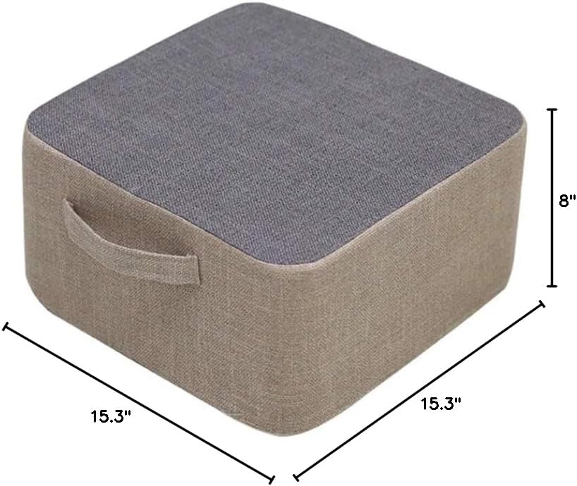Linen Square Thick Futon Floor Pouf Seat Cushion Movable Tatami Stool Washable Case for Living Room Bedroom Balcony Bay Window 15.3×8 ", (Beige&Grey)