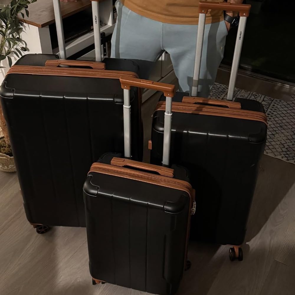 Merax Luggage Sets 3 Piece Hardshell 8 Spinner Wheels Lightweight Suitcase Corner Guards Travel Luggage (Black brown 20IN 24IN 28IN)