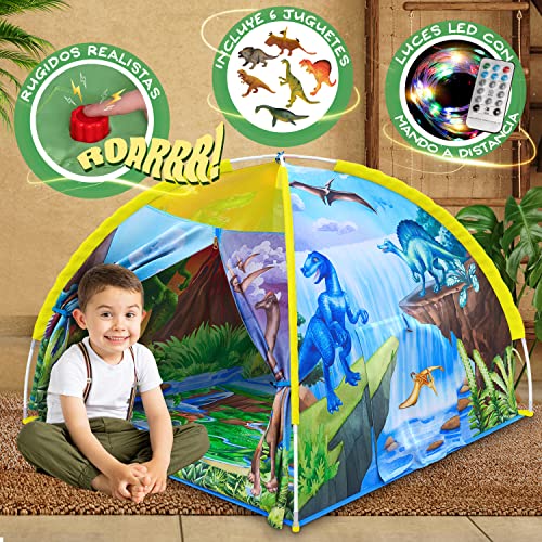 W&O Tienda de Campaña Dinosaurio con Botón de Rugido, Dinosaurios de Juguete y Luces LED – Casita Infantil de Tela – Cabañas para Niños de Interior y Exterior – Tienda de Campaña Infantil