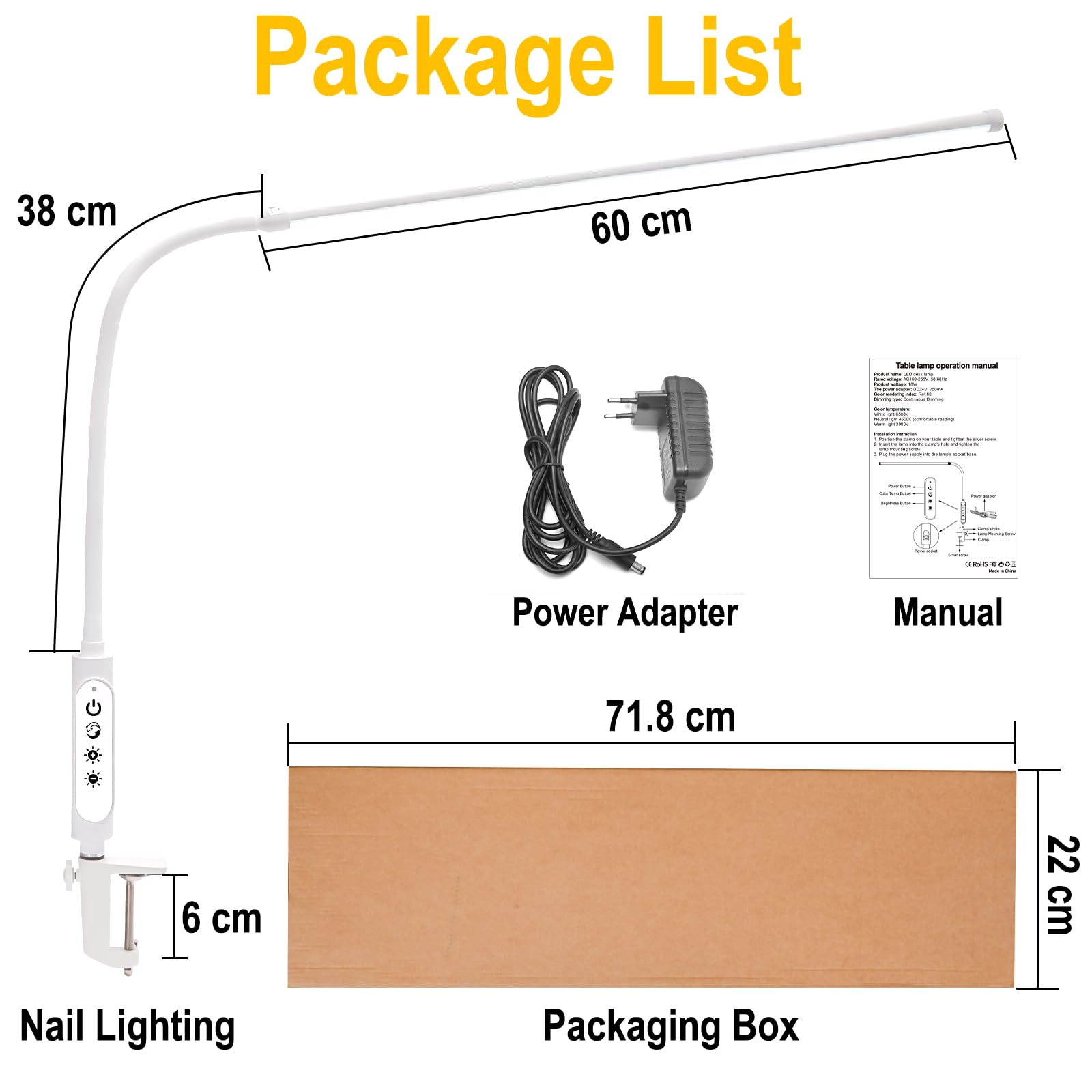 CGBE 60cm Lampada da Tavolo per Unghie LED 18W per Onicotecnico | 360° Flessibile Lampada da Scrivania, Tocca Controllo, 3 Modalità 5 Luminosità Dimmerabile per Manicure Lettura Studio Lavoro