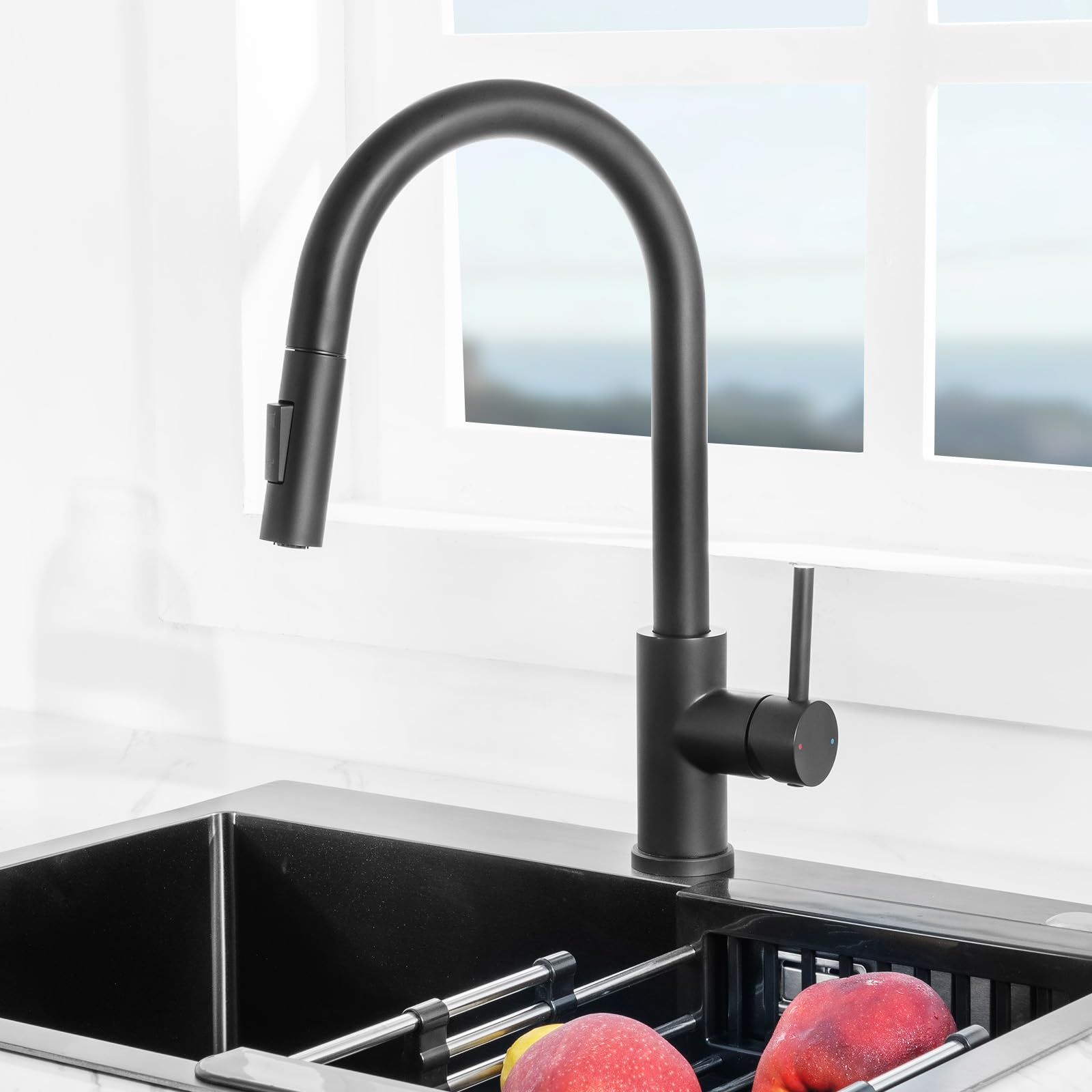 CECIPA Wasserhahn Küche Schwarz, Hochdruck Küchenarmatur mit Brause Ausziehbar Armatur, Mischbatterie Spültischarmatur, Zwei Strahlarten, 360° Schwenkbar, Matt Schwarz Edelstahl - SOFETIY SERIE