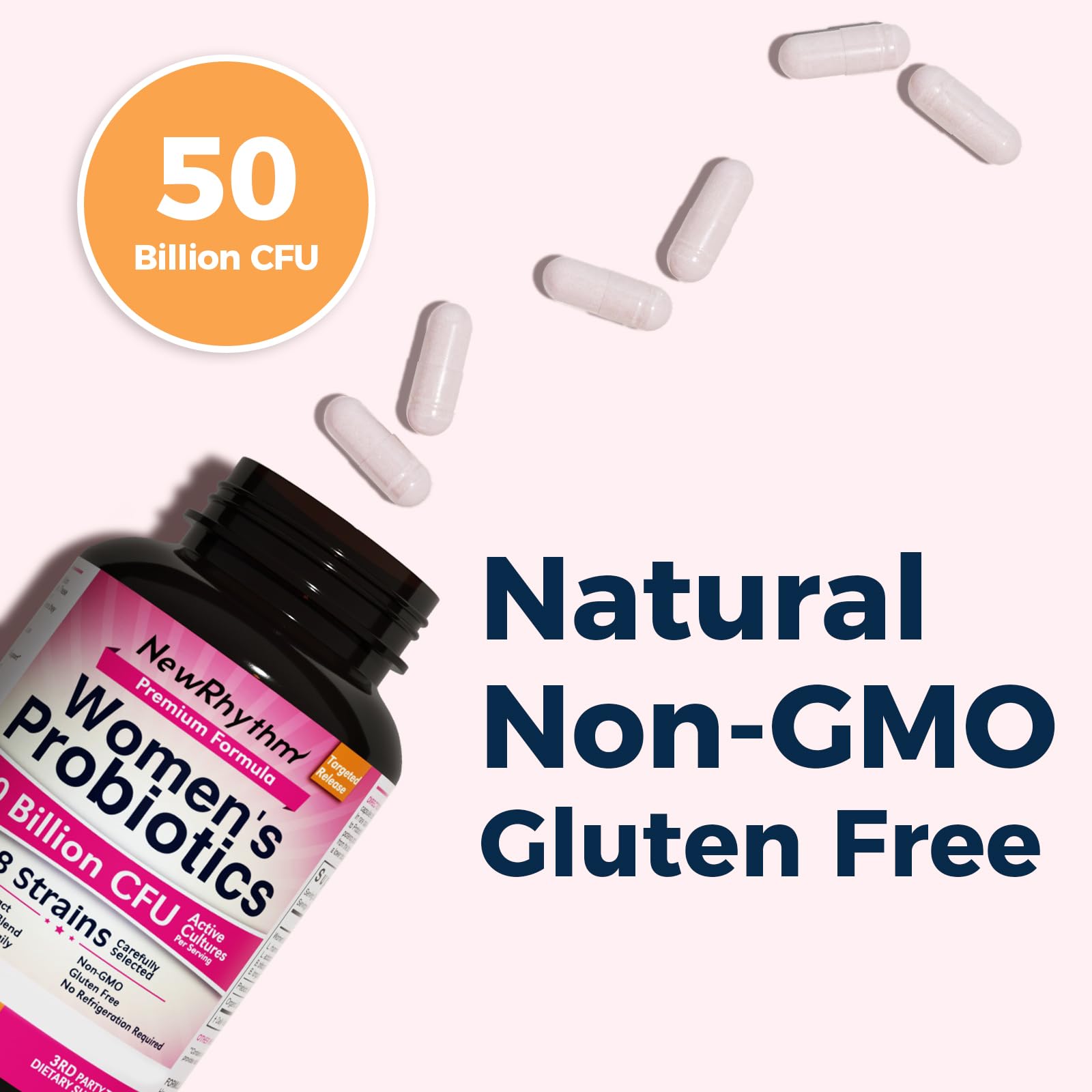 NewRhythm Women's Probiotics, Organic Cranberry for Women's Vaginal Health, 50 Billion CFU 18 Strains, Probiotics and Prebiotics, Support Digestive Health, 60 Vegan Capsules