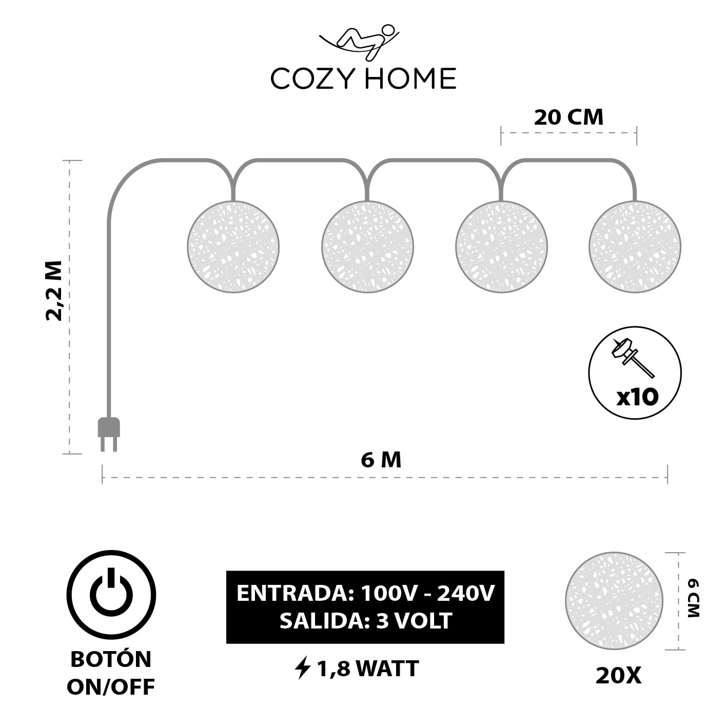 CozyHome guirnalda luces interior de bola de algodón Blanco - 20 LED & 6m I Con enchufe I Fairy lights decoracion Luz led hadas Luzes I Luces led pequeñas Guirnalda luces Luces decorativas habitacion