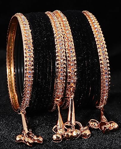 Image of NMII Metal with Zircon Gemstone and Velvet Studded Bells Latkan Bangles Set For Girls and Women I Latkan Bangles, Premium Bangle Bracelet Set I Pack of 16 Bangles