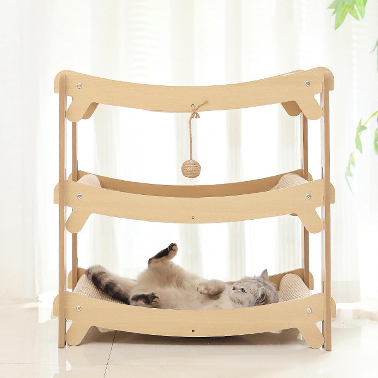 Cat Scratching Board Wood Modern Stylish Furniture Protection Sturdy Playing Resting Supplies Cute Indoor Cats Accessory, Double Tier