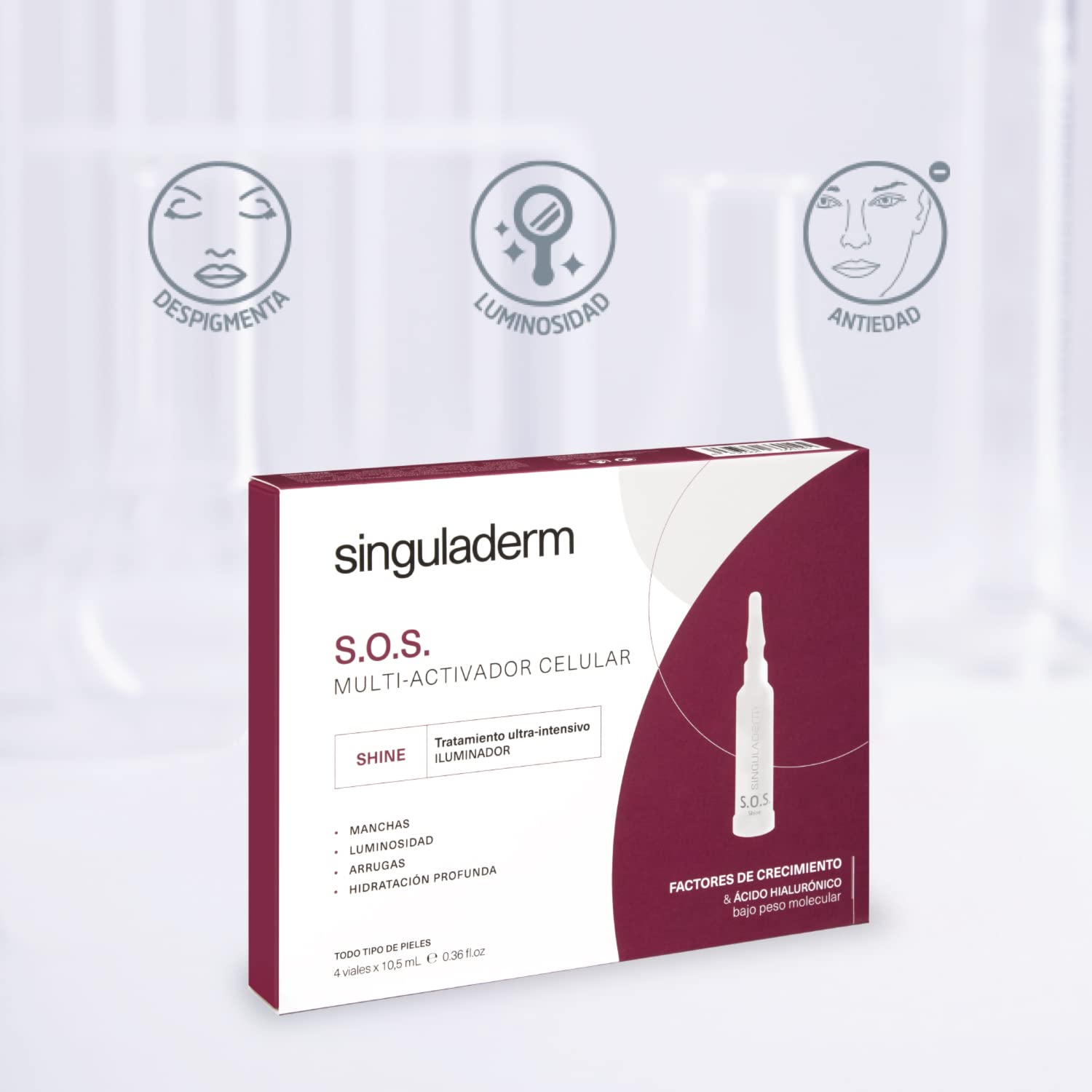 Singuladerm - S.O.S Shine 4 viales x 10,5 ml cada uno - Sérum antiedad con Factores de Crecimiento Naturales y Ácido Hialurónico para piel con manchas