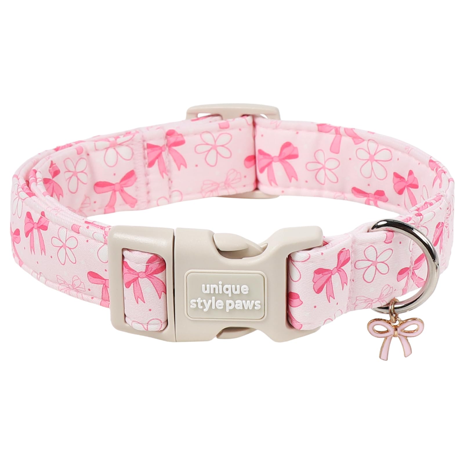 Unique style paws Pink Bow Dog Collar, Adjustable Cotton Dog Collar with Bow Charm, Quick Release Buckle, Strong Metal D Ring, Cute Puppy Collar for Small Medium Large Dogs